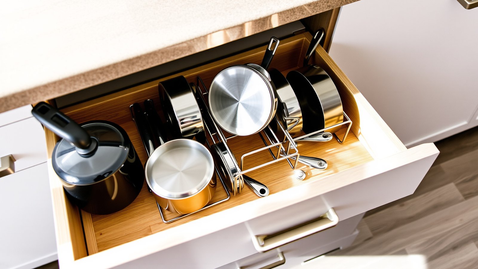 2. Drawer Organizers for Pots and Pans